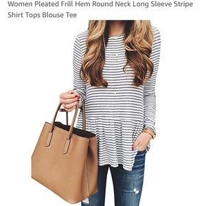 Women Pleated Frill Hem Long Sleeve Stripe Shirt